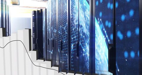 Futuristic data center racks with led globe visualization and 3d bar chart overlay