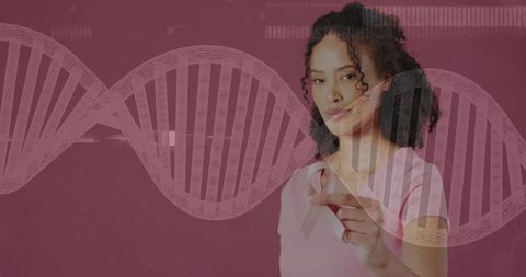Woman pointing at pink ribbon over dna helix representing cancer genetics and awareness