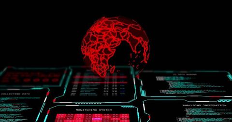 Red wireframe globe hovering over futuristic cyber dashboard with neon cyan hud interface