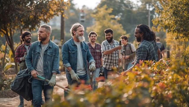 Volunteer men walking with shovels and rakes on community garden path in denim jackets