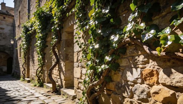 Sunlit Twisting Ivy Vines Climbing Rustic Limestone Wall Along Cobblestone Alleyway