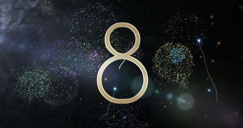 Bright number eight with vibrant fireworks celebration