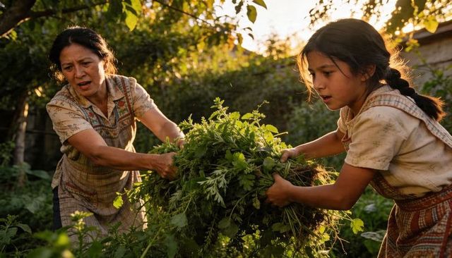 Mother and daughter harvesting hearty greens in sunlit backyard garden