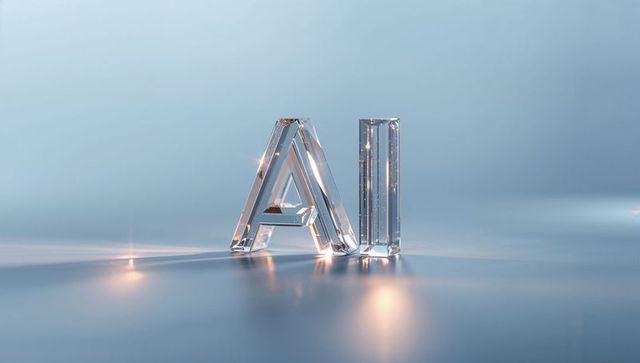 Crystal Glass AI Letters Reflecting on Glossy Minimalist Blue Surface with Light Flares