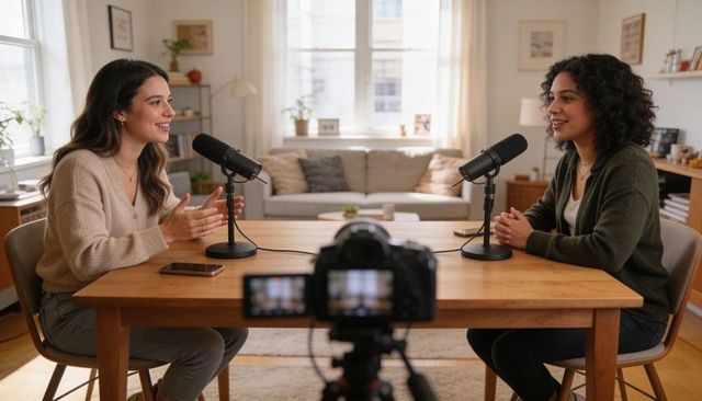 Two women recording casual home podcast interview with microphones and dslr camera