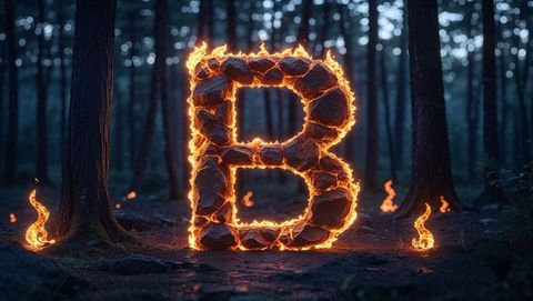Burning stone letter b in mystic forest at dusk