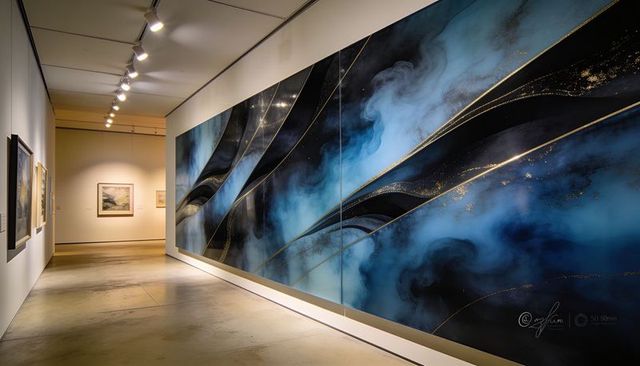 Expansive blue and gold abstract multi-panel mural in modern gallery corridor
