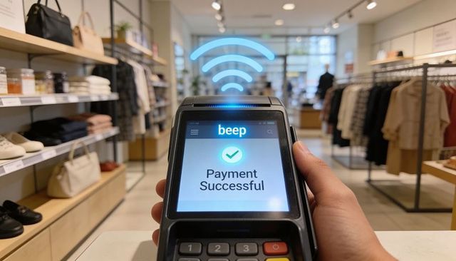 Contactless payment success on handheld pos terminal with beep confirmation in boutique