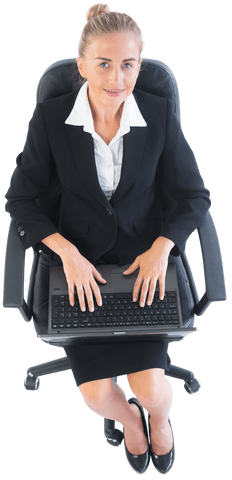 Transparent View Businesswoman Sitting on Chair with Laptop