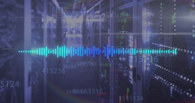 Digital Interface Overlay with Soundwave and Server Room - Download Free Stock Images Pikwizard.com