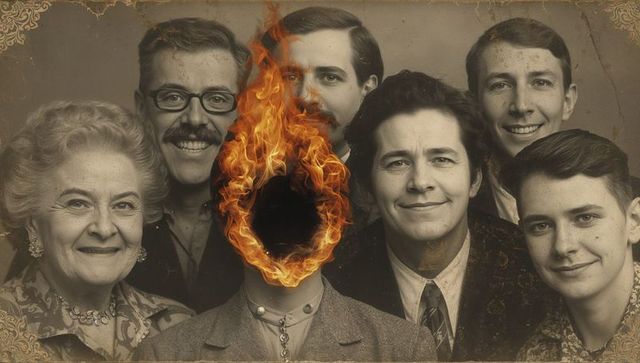 Sepia vintage family portrait with flaming hollow face creating surreal multigenerational mood