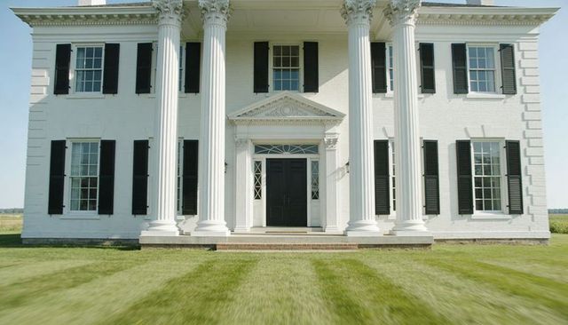 Historic greek revival mansion featuring grand columns and symmetrical neoclassical facade