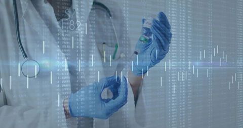 Clinician drawing vaccine into syringe with medical data analytics and visuals overlay