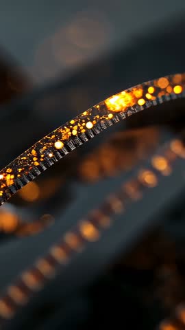 Vertical macro footage showing glinting curved filament with amber gold flecks and soft bokeh