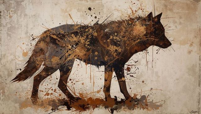 Rustic splatter wolf silhouette walking on grunge beige canvas with painterly brushwork