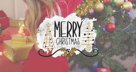 Holiday Cheer: Girl Decorating Tree with Merry Christmas Message