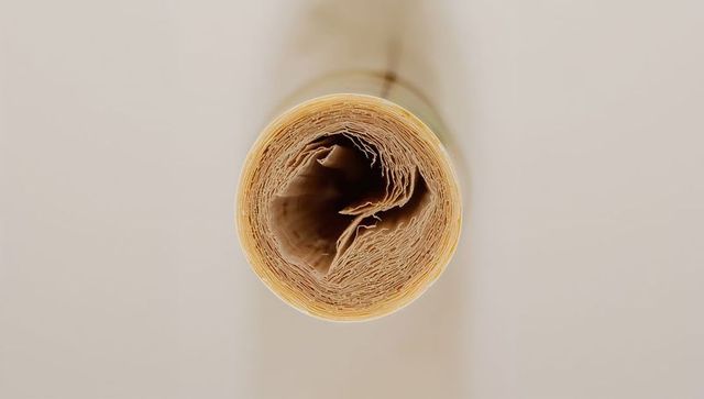 Rolled parchment cylinder revealing concentric layers and frayed inner edges