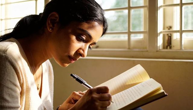 Indian woman journaling by sunlit mullioned window writing notes in notebook focused
