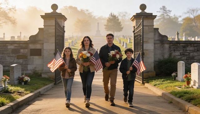 Family honoring fallen veterans walking cemetery gate carrying american flags and flowers