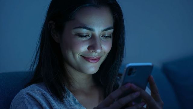 Hispanic woman smiling while scrolling smartphone at night with soft blue screen glow