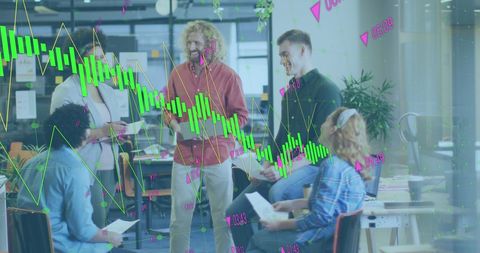 Group of diverse colleagues engaged in discussion at office with digital graph overlay symbolizing statistical data and business technology. Ideal for articles on teamwork, collaboration tools in business analytics, and modern workplace settings.