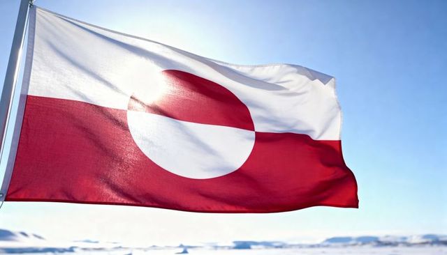 Greenland flag waving over arctic coastline with sea ice and bright blue sky