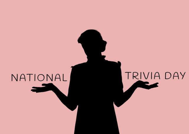 Silhouette of person with hands up celebrating National Trivia Day on a pink background. Ideal for promotional material, event flyers, social media posts, and educational content related to trivia games, quizzes, and fun facts.