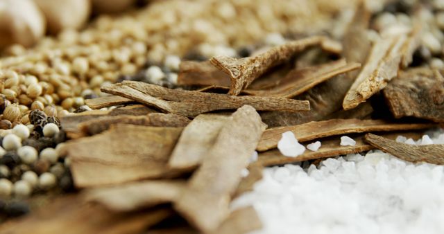 Closeup view of various spices and seasonings arranged together, highlighting cinnamon sticks and white salt crystals. Perfect for use in articles related to cooking, recipes, flavor, food preparation, and culinary arts. Can be also used for blog posts, marketing materials for food brands, or educational content about spices.