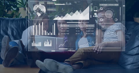 Diverse Friends Analyzing Data on Laptop with Digital Interface Animation
