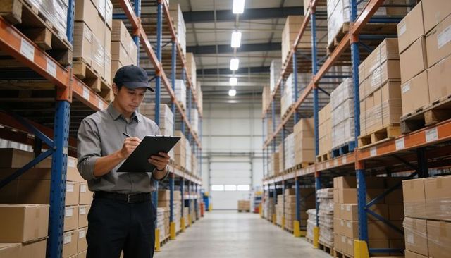 Warehouse worker conducting inventory inspection with clipboard in pallet aisle