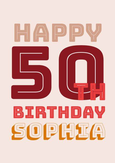 This vibrant greeting card celebrates a special milestone 50th birthday for someone named Sophia. Featuring colorful and bold typography, it is perfect for adding a festive touch to the birthday celebration. Use it for birthday invitations, decorations, or personalized birthday messages.