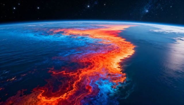 Neon red and blue ocean current flowing from low earth orbit over curved horizon and milky way