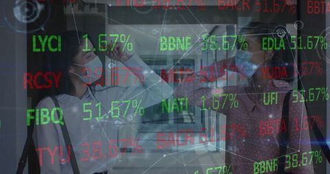 Masked coworkers using infrared thermometer with stock market data overlay