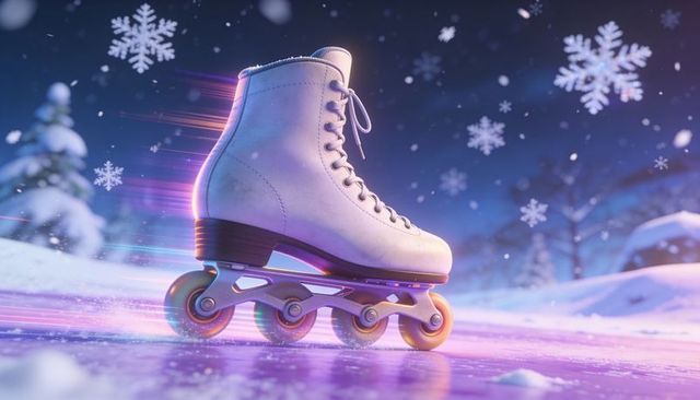 Gliding white inline skate on frozen pond with neon light trails at twilight