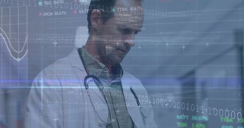 Doctor analyzing 3d interface with futuristic technology in clinic