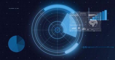 Futuristic HUD Radar Scanning Digital Analytics Dashboard with Neon Blue Charts and Globe