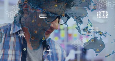 Mature man analyzing global data visualization with futuristic map overlay and analytics