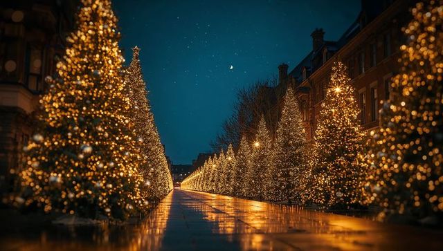 Festive Light-Decorated Trees Lining Wet Urban Street with Starry Sky