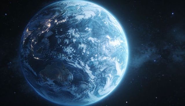 Blue Marble from Orbit showing Earth with Oceans, Swirling Clouds and Coastal City Lights