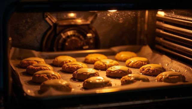 Golden glazed cookies baking in oven on parchment-lined tray with warm light