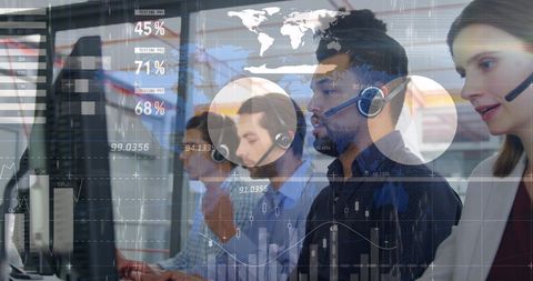 Global business team analyzing data with headsets in office
