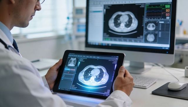 Doctor reviewing CT chest on tablet and monitor for radiology diagnostics and workflow