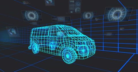 Cyan wireframe van rotating on holographic grid displaying floating hud panels