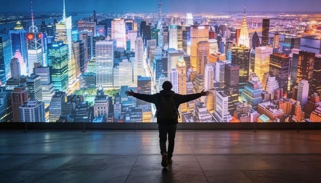 Silhouetted traveler embracing giant illuminated city skyline display at night