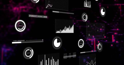 Futuristic Cyber Data Dashboard Displaying Floating Analytics Panels with Neon Glitch HUD