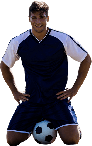 Cheerful athlete kneeling with soccer ball on transparent background