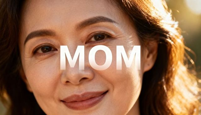 Warm mother's day portrait smiling mature woman with mom text overlay in golden light