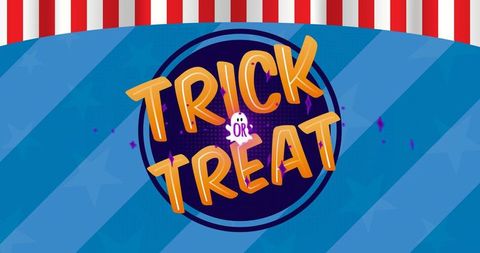 Playful trick or treat carnival badge with ghost on patriotic blue striped banner design