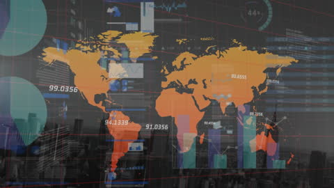 Futuristic Financial Data Processing with Global Map Illustration