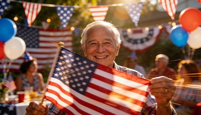 Senior man waving american flag at backyard fourth of july celebration with balloons